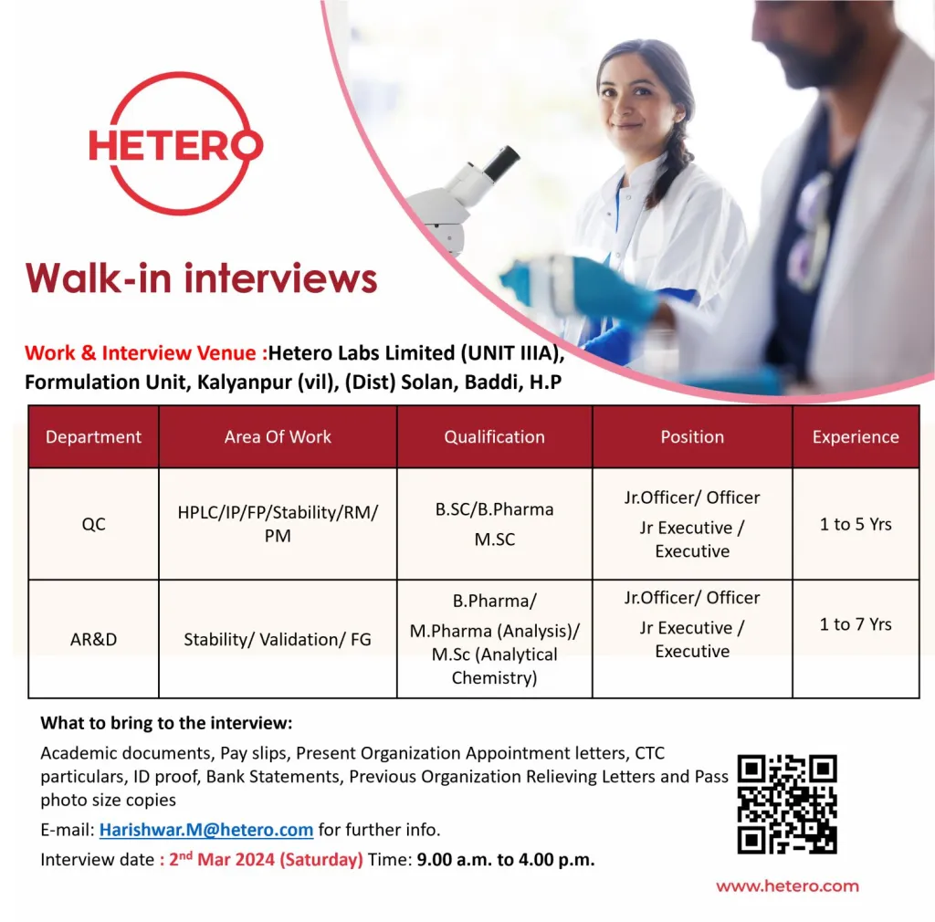 Hetero Labs Limited - Walk-In Interviews for QA, QC, Production, AR&D, Micro on 2nd Mar 20241